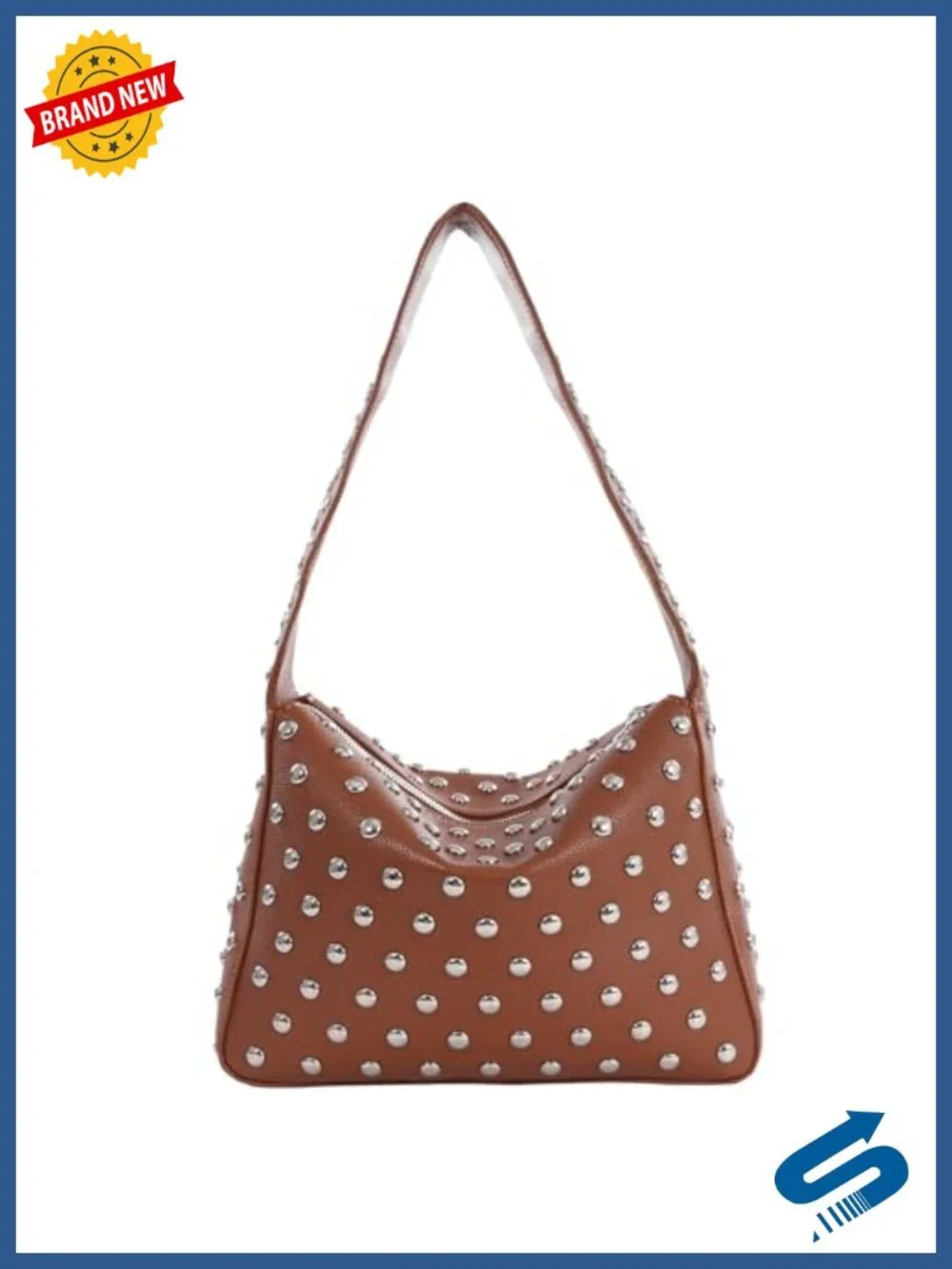 Studded Vegan Leather Shoulder Bag with Zipper, Y2K Punk Hobo Purse